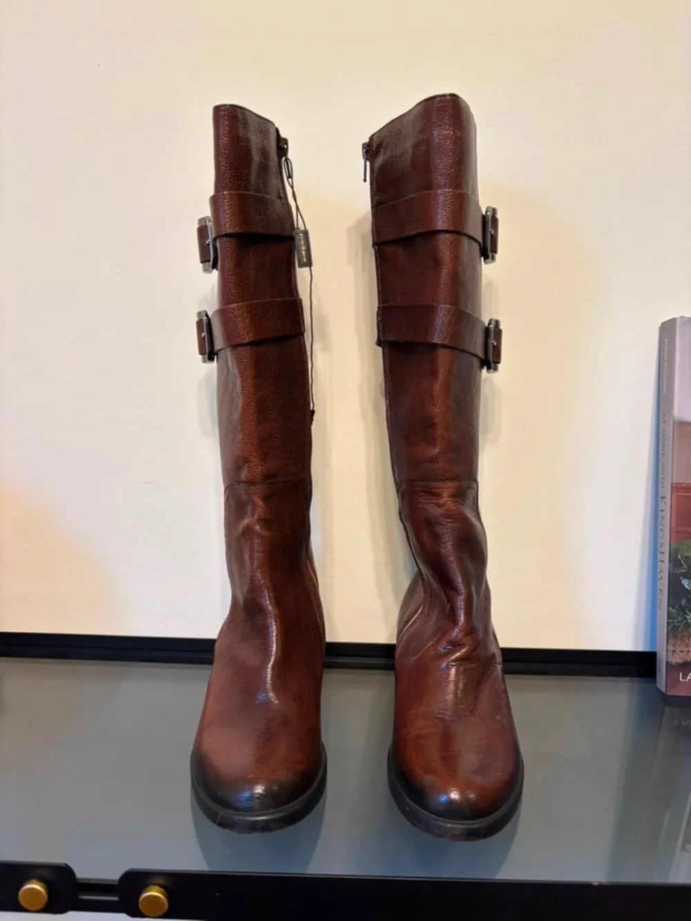 Emanuele Crasto Women’s leather Over-The-Knee Buckle Boots in Brown l